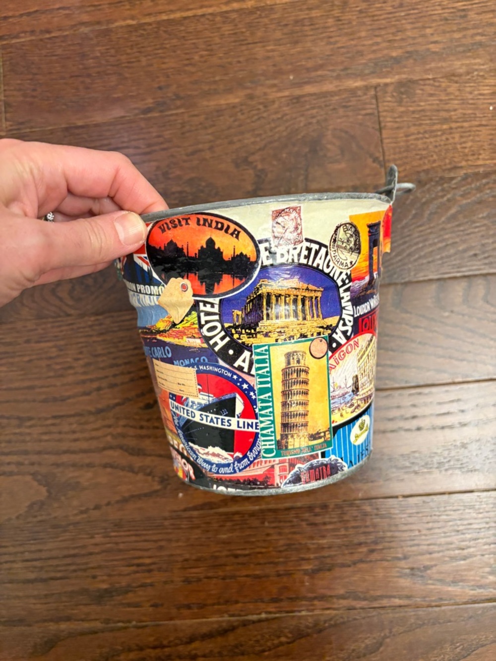 Colorful Decoupage Bucket - Global Travel Theme